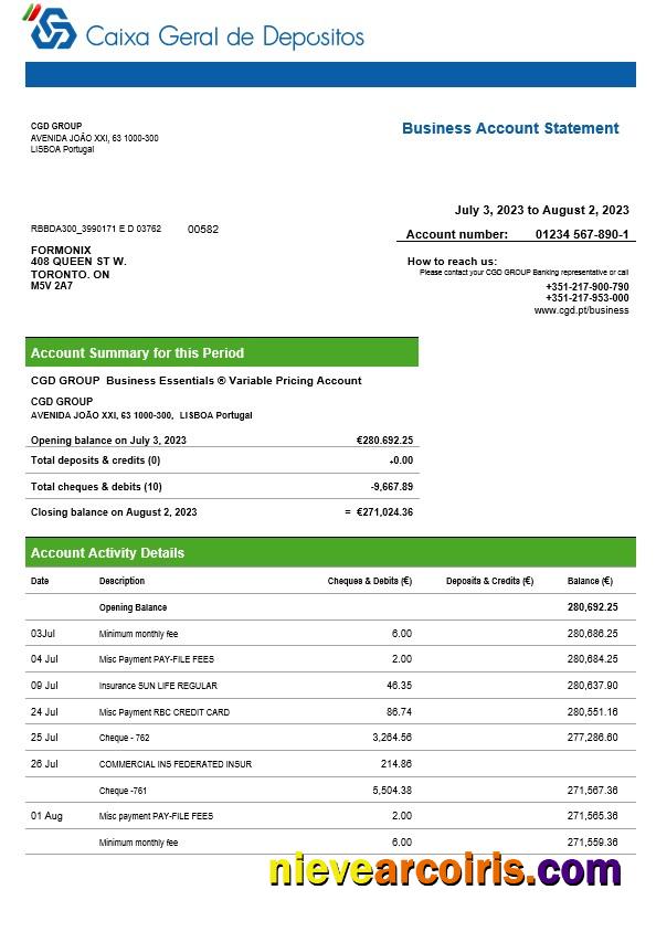 Caixa Geral de Depósitos business bank statement